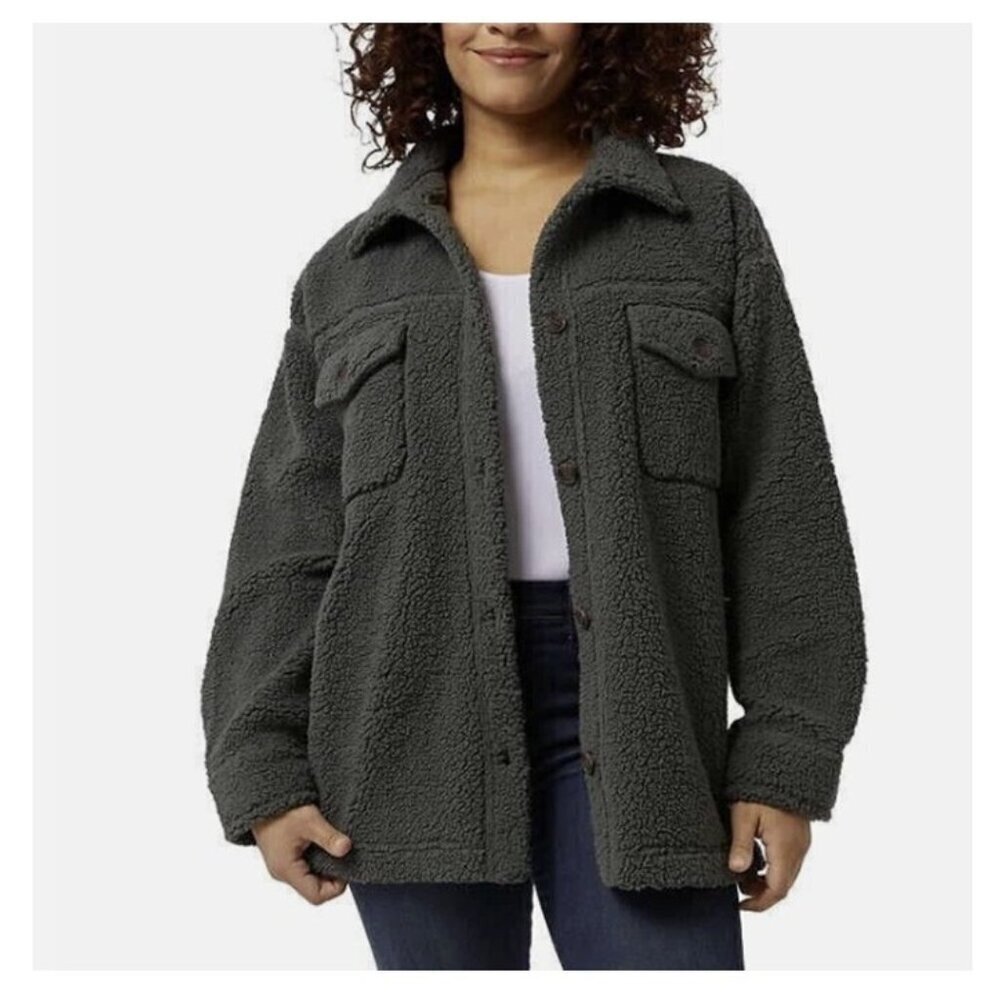 32 Degrees New Ladies' Cozy Sherpa Olive Green Oversized Teddy Shirt Jacket